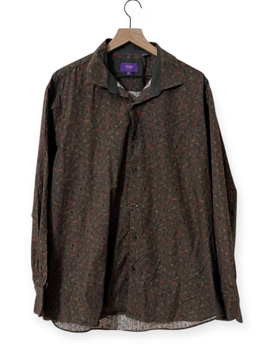 Tallia Men’s XL 17.5 Button-Up Shirt 100% Cotton Floral Print Brown Long Sleeve - Picture 2 of 12